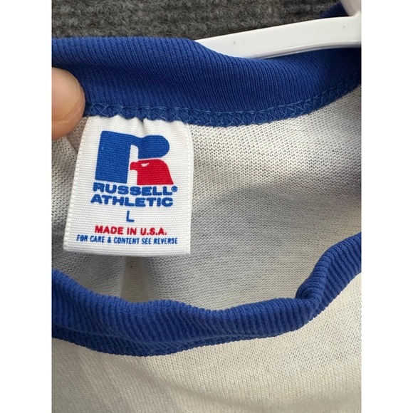 Russell Athletic Raglan Baseball T Shirt Cream Blue 3/4 Sleeve Made in USA L - Picture 3 of 7